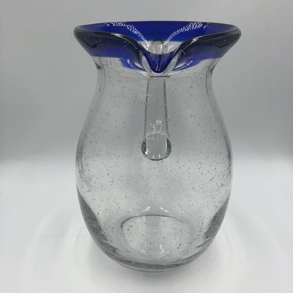 Cobalt Blue Rim Handblown Glass Pitcher With Handle Kitchen Drinkware - Picture 6 of 13